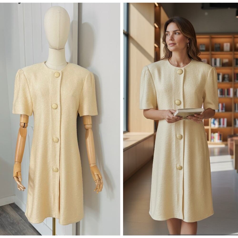 ST. JOHN By Marie Gray Size 10 Cream Tweed Santana Knit Dress Rhinestone Buttons